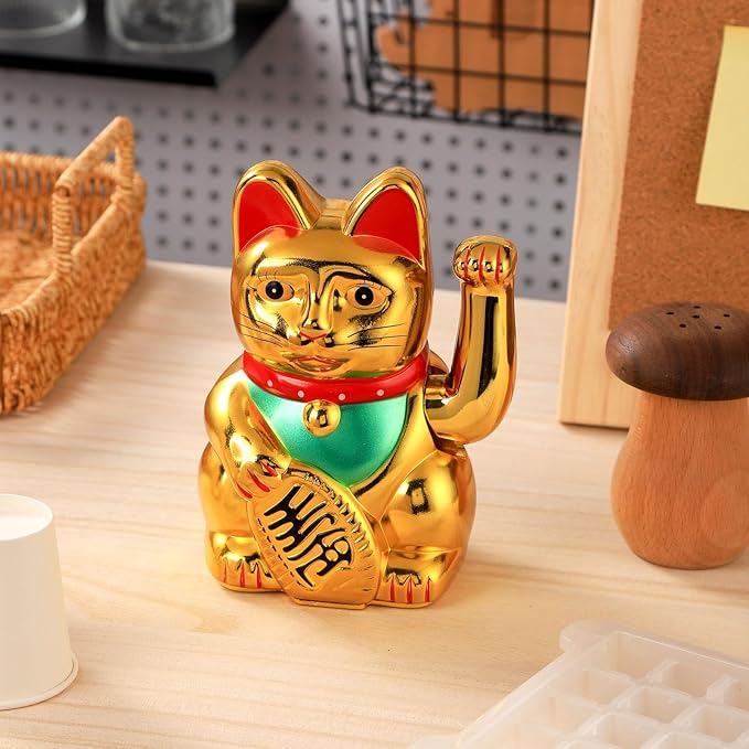 Gold/Black/White Maneki Neko Lucky Cat,Fengshui Cat- Waving Arm Battery Operated for Fortune Money and Good Luck (Gold, 10 in)