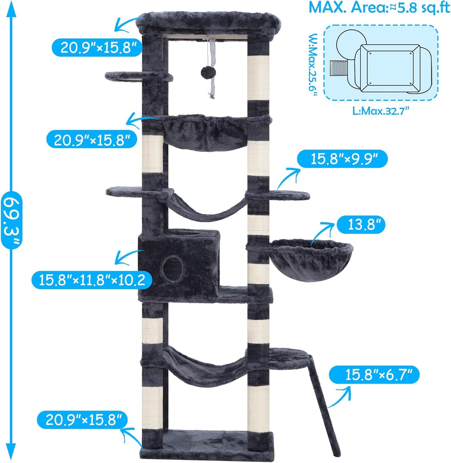 Hey-brother Cat Tree, 69.3-Inches Multi-Level Plush Cat Tower for Indoor Cats with Large Top Perch, Extra Spacious Hammock, 2 Hammocks Ramp, Hanging Ball, Smoky Gray MPJ037G