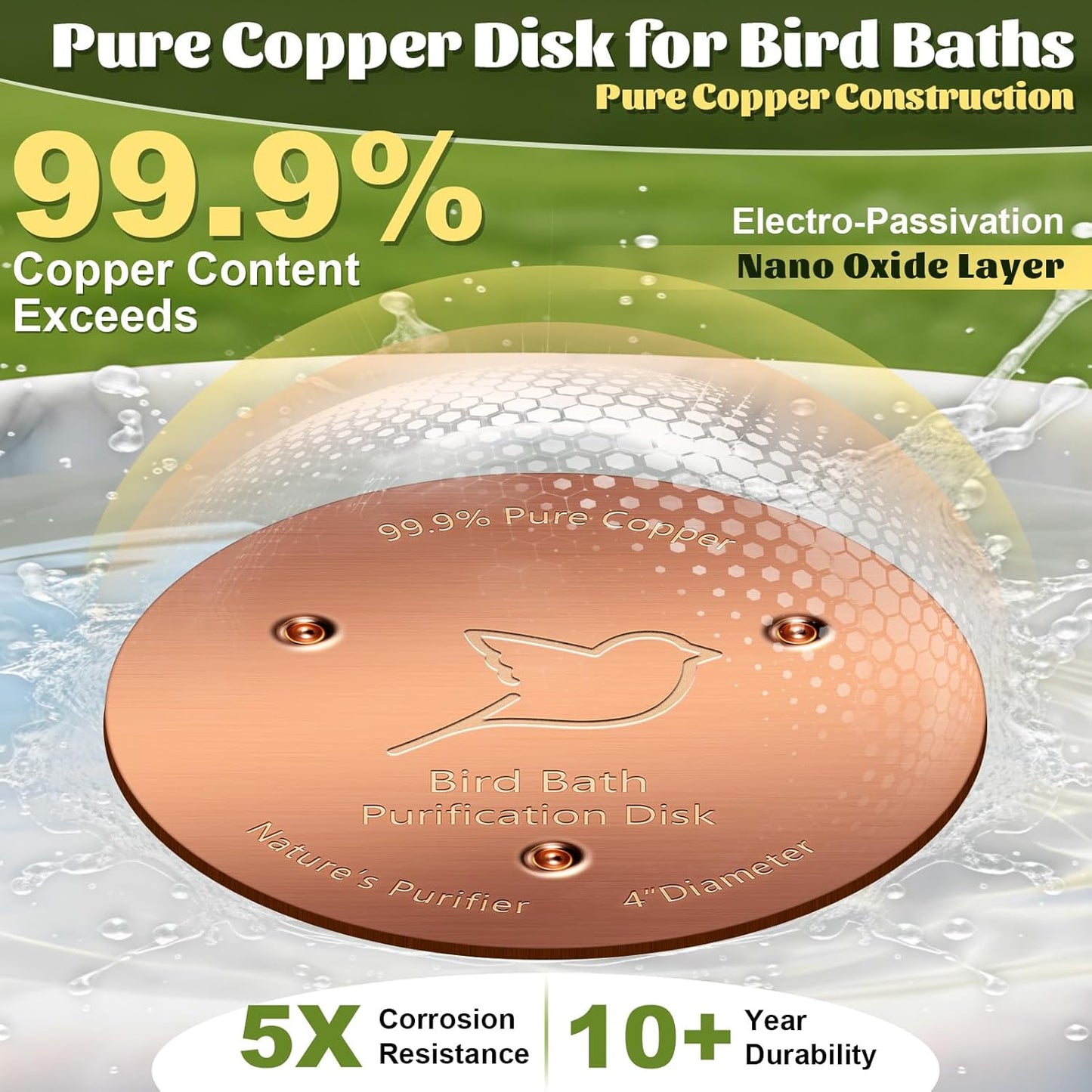 NNG 1 Pack Bird Bath Copper Disk,1mm Thick Reinforced 99.9% Pure Copper Bird Bath Purification Disk with Triple-Point Support,Physical Safe Water Cleaner for Outdoor Birdbaths Bowls,All-Season Use