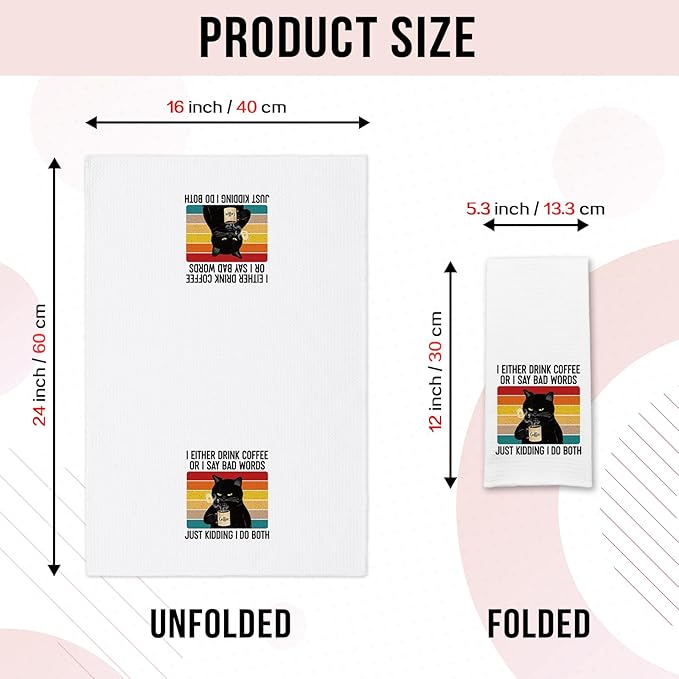 Funny Kitchen Towels for Women, I Either Drink Coffee or I Say Bad Words Dishcloths, Coffee Lovers Gifts, Black Cat Hand Towels with Sarcastic Saying, Kitchen Decor Gifts for Hostess Chef
