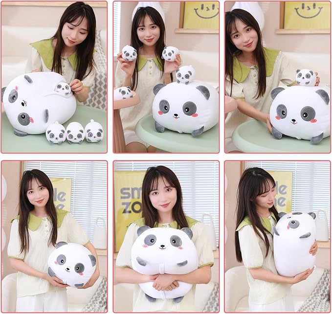 SQEQE Panda Mommy Stuffed Animal with 4 Baby Pandas, Super Soft Cartoon Hugging Toy Gifts for Girls Boys Birthday