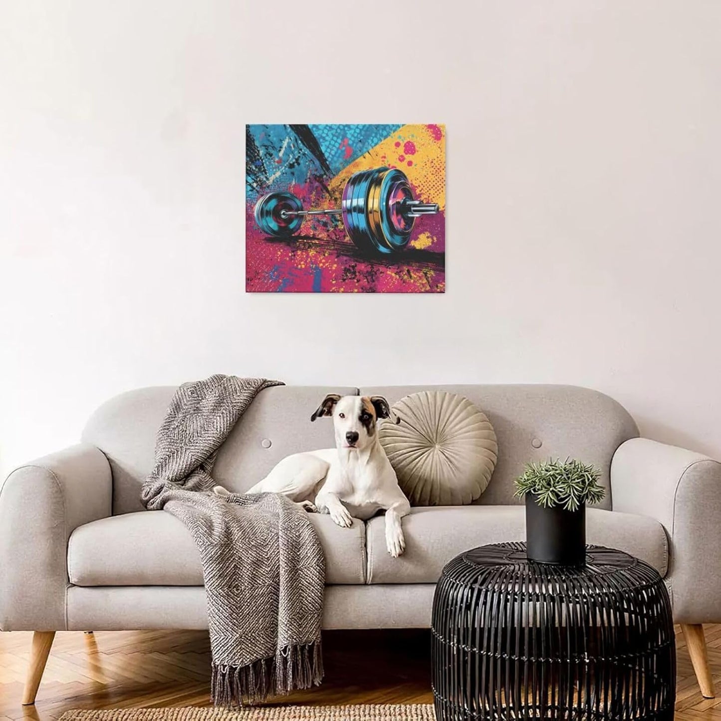 Gym Wall Art Weightlifting Fitness Canvas Wall Decor Barbell Sports Training Pictures Painting Banksy Street Graffiti Print Artwork Framed Decorations Gifts for Sports Lovers Gym Living Room Bedroom 20"x24"