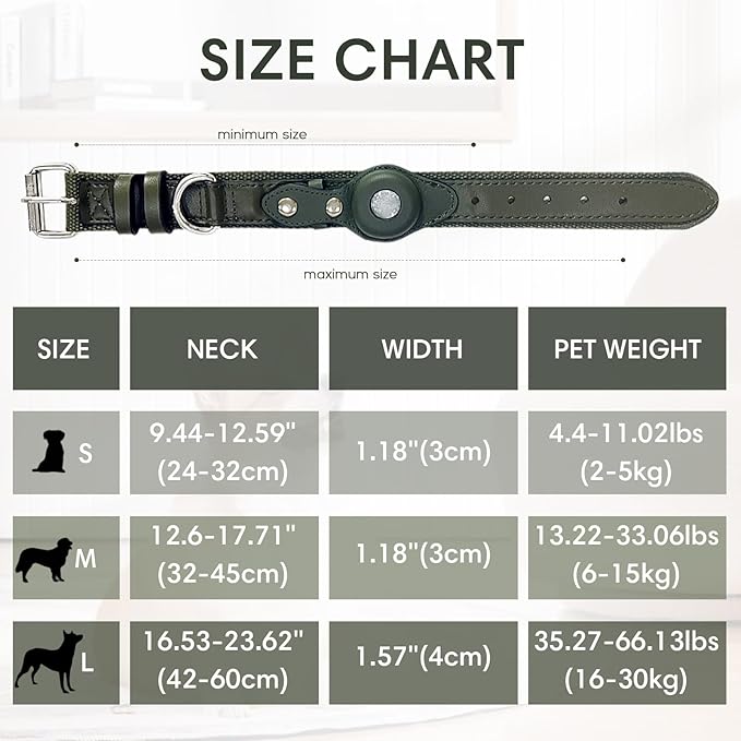 AirTag Dog Collar Soft Leather Webbing Dog Collar for AirTag Provides Double Protection for Small Medium and Large Dogs(Green,M)