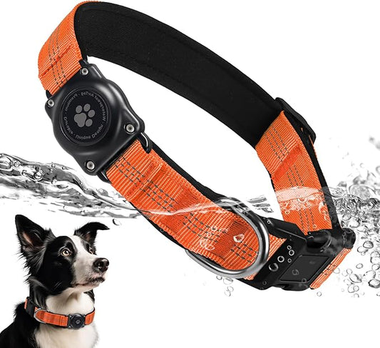 Upgraded AirTag Dog Collar, IP68 Waterproof Air Tag Dog Collar Holder, Reflective, Ultra-Durable, Comfortable Padded, Heavy Duty Dog Collars for Small Medium Large Dogs (XL (15.6"-22"), Orange)