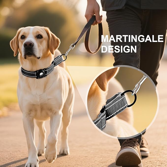 Airtag Dog Collar with Martingale Design, IP68 Waterproof Air Tag Collar Holder, Adjustable Reflective Soft Padded Nylon Dog Collar for Large Medium Small Dogs