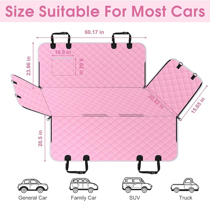 Waterproof Dog Car Seat Cover for Back Seat - Durable, Scratch Proof Pet Hammock with Nonslip Design & Storage Pockets, Fits Cars, SUVs, Trucks - L, Pink/Grey