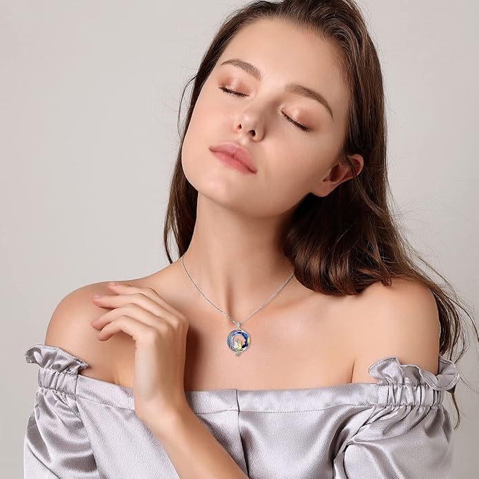 TOUPOP Cat Gifts for Cat Lovers 1 2 3 Cats Necklace Sterling Silver Cat on the Moon Pendant Necklace with Blue Circle Crystal Birthday Christmas Celtic Jewelry Gifts for Women