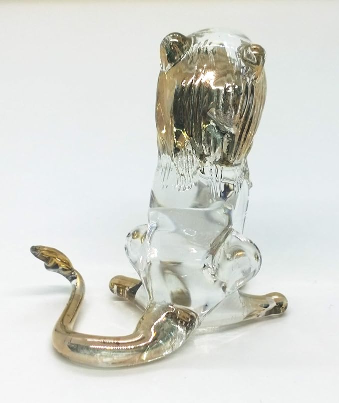 WitnyStore Tiny 1½" Long Clear Gold Sitting Lion Roaring Figurine - Miniature Hand Blown Painted Glass Panthera Wild Cat Small Crystal Wildlife Animals Decorative Collectible Figurines Décor Gifts