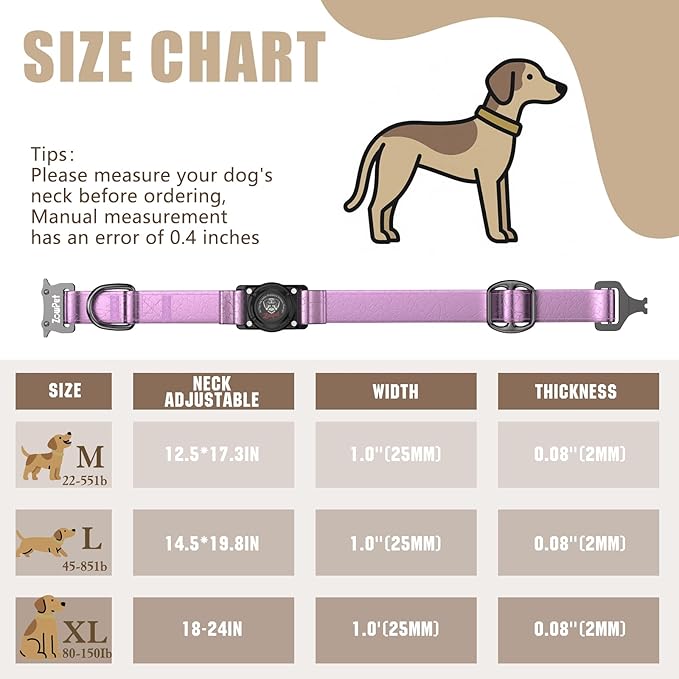 AirTag Dog Collar - Leather Dog Collar with Airtag Holder | IP68 Waterproof AirTag Holder with Metal Buckle, Comfortable GPS Dog Collars Tracker for Medium Large Dogs (Rose Gold, L)