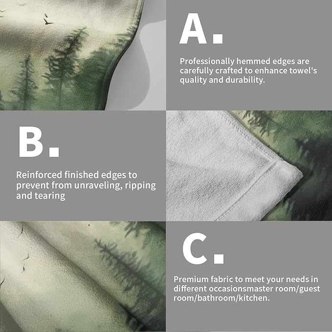 Green Misty Forest Hand Towels Set of 2 Mountain Woodland Soft Guest Face Bath Towel Bathroom Decorations Thin Kitchen Tea Dish Towels