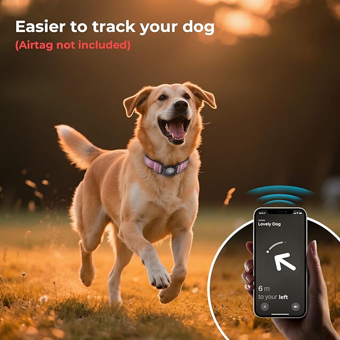 2025 Upgrade Airtag Dog Collar, Reflective Dog Collar with Airtag Holder, IP68 Waterproof| Metal Buckle| Ultra-Durable| Comfortable Padded, GPS Dog Collars for Medium Large Dogs (Pink,M)