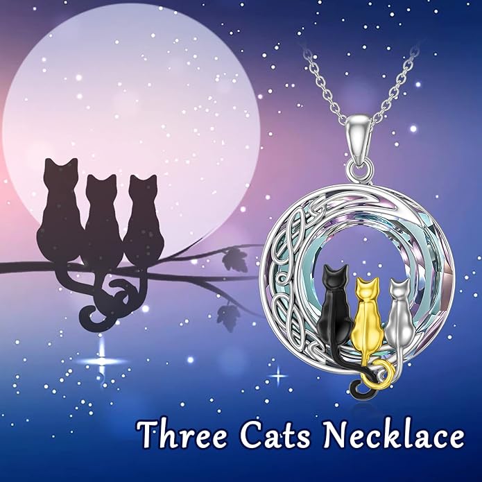 TOUPOP Cat Gifts for Cat Lovers 1 2 3 Cats Necklace Sterling Silver Cat on the Moon Pendant Necklace with Blue Circle Crystal Birthday Christmas Celtic Jewelry Gifts for Women