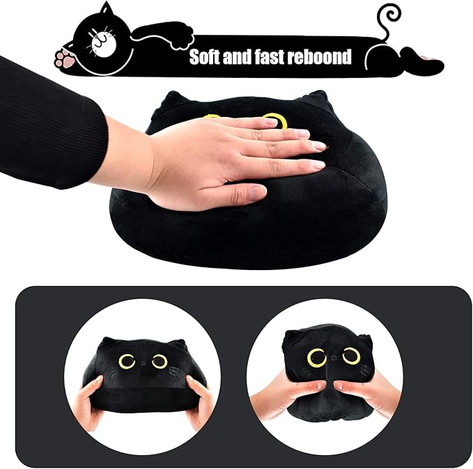 10'' Cute Black Cat Plush Toys, Soft Pillow Squishy Plushies, Kawaii Cat Stuffed Animals for Home Decoration, Gift for Cat Lovers, Kids, Boys & Girls (Black, 10 Inch)