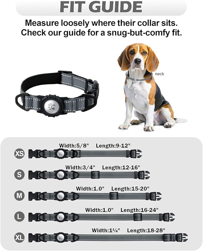 TagME Airtag Dog Collar,Waterproof Reflective Pet Collar with Airtag Holder,Soft Padded and Double D-Rings for Puppy,Grey