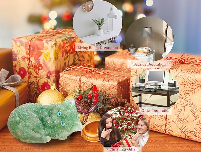 DUQGUHO Green Aventurine Cat Decor - Crystal Gifts for Lovers, Cute Resin Cat Statue Figurines, 1PC