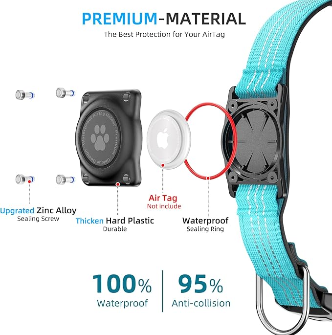 Upgraded AirTag Dog Collar, IP68 Waterproof Air Tag Dog Collar Holder, Reflective, Ultra-Durable, Comfortable Padded, Heavy Duty Dog Collars for Small Medium Large Dogs (S (10.6"-13.6"), Blue)
