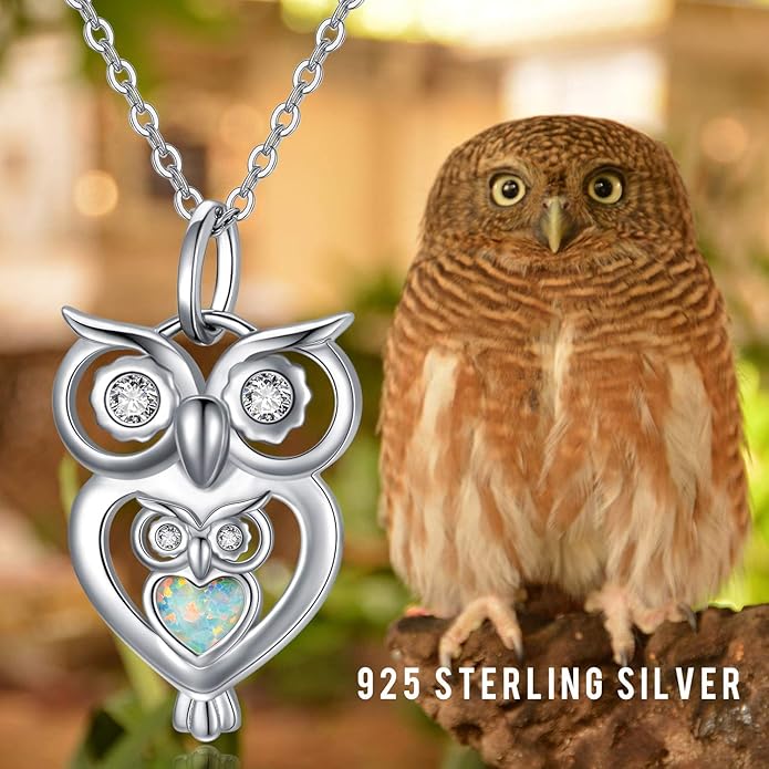 JUSTKIDSTOY Opal Owl Necklace for Women 925 Sterling Silver Pendant Necklace Animal Ornament Owl Jewelry Christmas Gifts for Mother