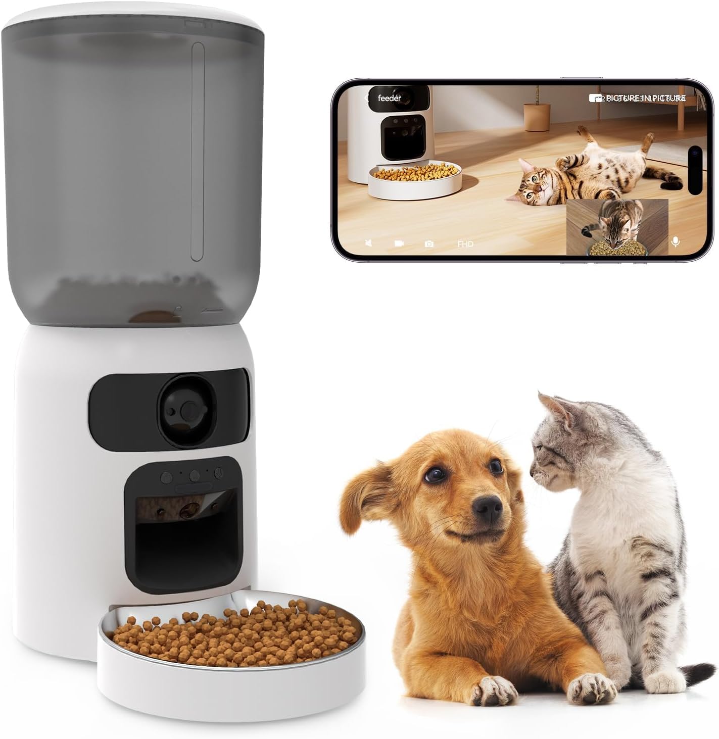 Dual Lens Pet Feeder with Camera, 1080P Video, AI Pet Detection, Night Vision, 2.4/5G WiFi, Interactive Features, App Control, 2-Way Audio, Auto Feeding & Freshness Preservation, 6L