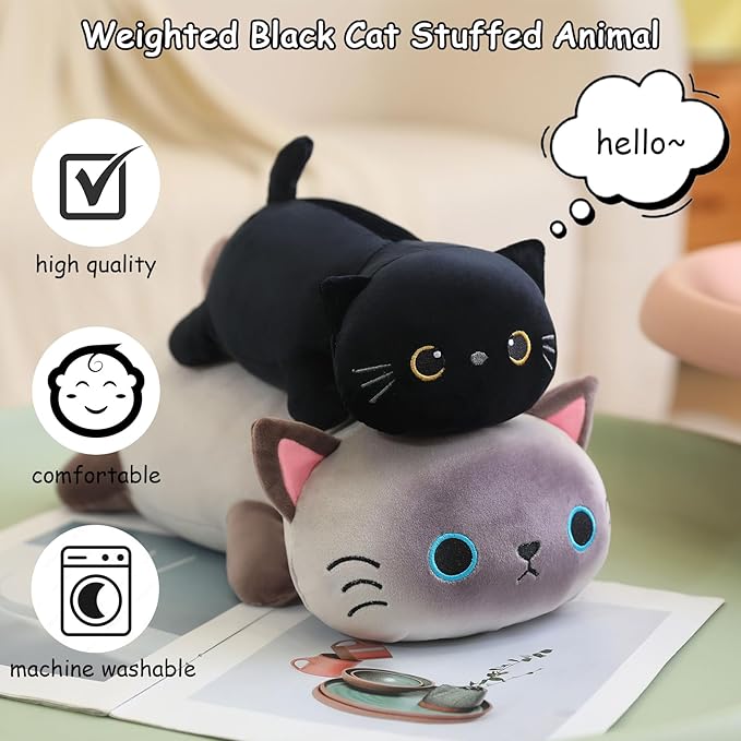 SQEQE Weighted Black Cat Plush, Weighted Black Cat Stuffed Animal, Cute Plushies Soft Pillow Toy Gift for Kids Adults 9.8 Inch, 0.8 Lbs