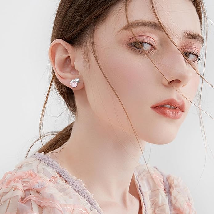 Sterling Silver Birthstone Black Cat Stud Earrings - Cat Birthstone Earrings for Women's Birthday Gift