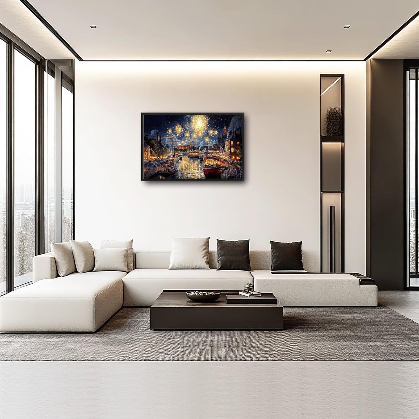 Framed Large Firework Night Sky Wall Art, Oversized European City Landscape Wall Decor for Living Room, River Boats Canvas Pictures Home Decoration for Living Room Bedroom Office 36"x24"