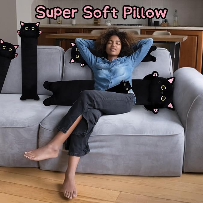 22.5" Long Cat Plush Pillow,Long Cat Stuffed Animal,Giant Hugging Pillow for Kids Adult,Black Kitten Plushie,Stuffed Kitted Plushie Doll Toys,Gift for Boys Girls Birthday Halloween Christmas