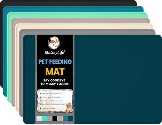 MateeyLife Dog & Cat Food Mat, Waterproof & Nonslip Silicone Feeding Mats for Dogs and Cats, Raised Edge Tray for Messy Drinkers, 22"x14", Navy