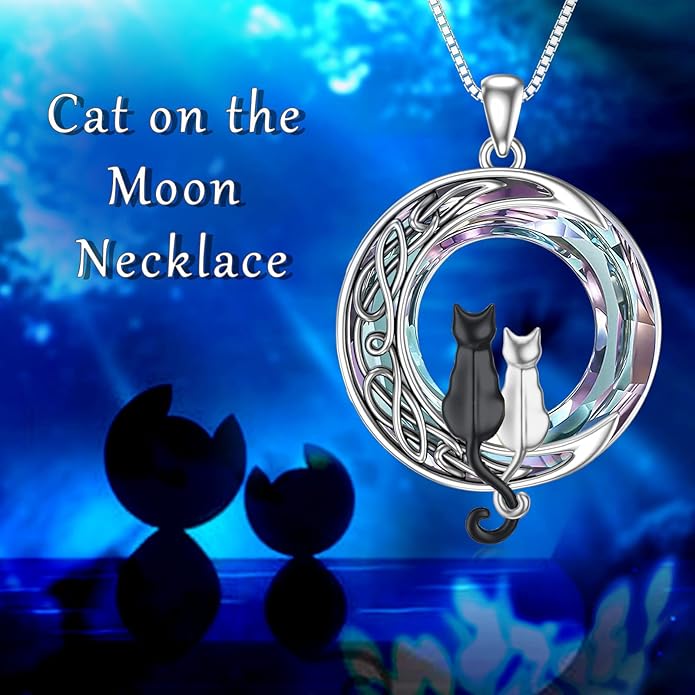 TOUPOP Cat Gifts for Cat Lovers 1 2 3 Cats Necklace Sterling Silver Cat on the Moon Pendant Necklace with Blue Circle Crystal Birthday Christmas Celtic Jewelry Gifts for Women