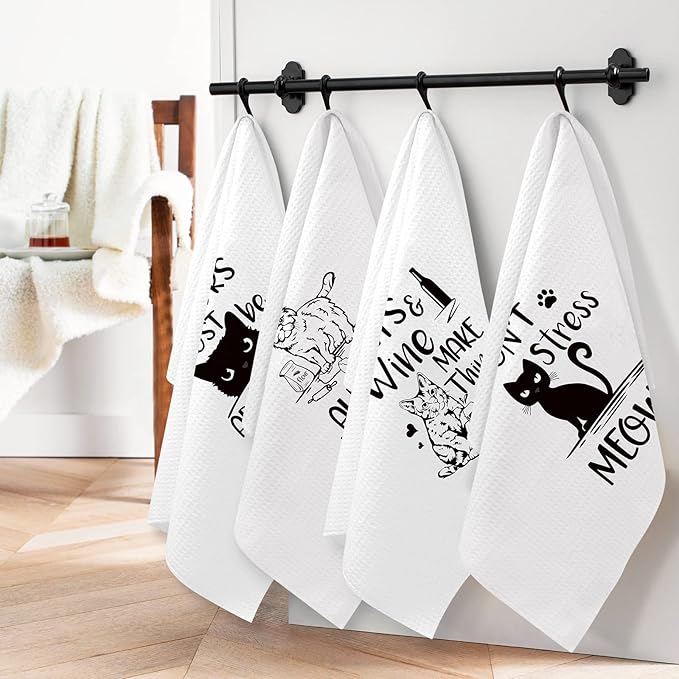 Vansolinne Funny Cat Kitchen Towels Decorative Waffle Tea Towels Absorbent Dish Towels Set of 4 - Fun Hostess Kitchen Decor, Cat Kitchen Collection, Housewarming Presents