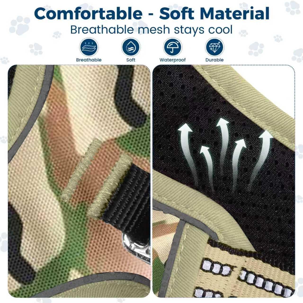 Funfox Dog Harness No Pull, Adjustable Pet Vest Harness, Super Soft Material with Vertical Handle Easy Control, Reflective Night Walking, 2 Leash Clips for Large Dogs, Camo Green, L