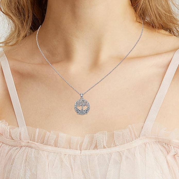 Witch Necklace 925 Sterling Silver Pentagram Triple Moon Pentacle Pendant Wiccan Pagan Jewelry Witchy Gifts for Women