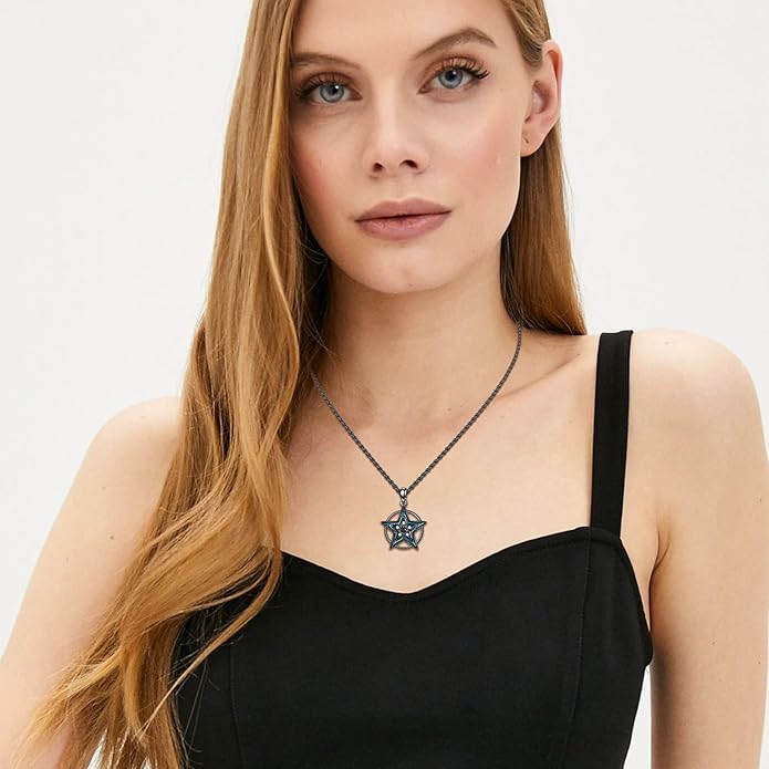 Witch Necklace 925 Sterling Silver Pentagram Triple Moon Pentacle Pendant Wiccan Pagan Jewelry Witchy Gifts for Women