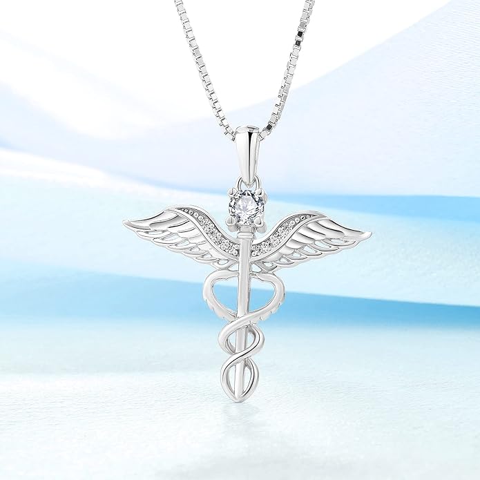 YL Caduceus Necklace Sterling Silver Doctor Nurse Themed Pendant Birthstone Angel Wings Snake Jewelry for Women