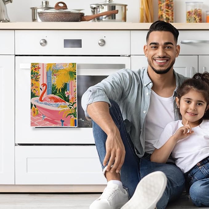 Flamingo Hand Towels for Bathroom, Trendy Maximalist Tropical Botanical Flamingo Hand Towels for Bathroom Decor, 16x24 Inch