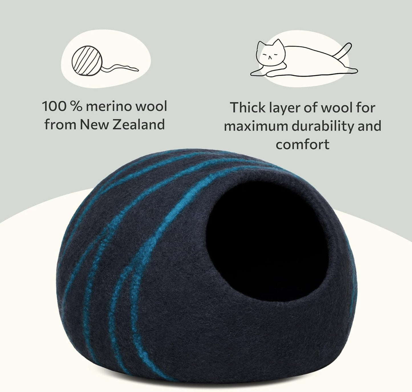 MEOWFIA Cat Cave – Premium Felt Cat Bed for Indoor Cats, Handmade 100% Merino Wool (Large, Black Aqua)
