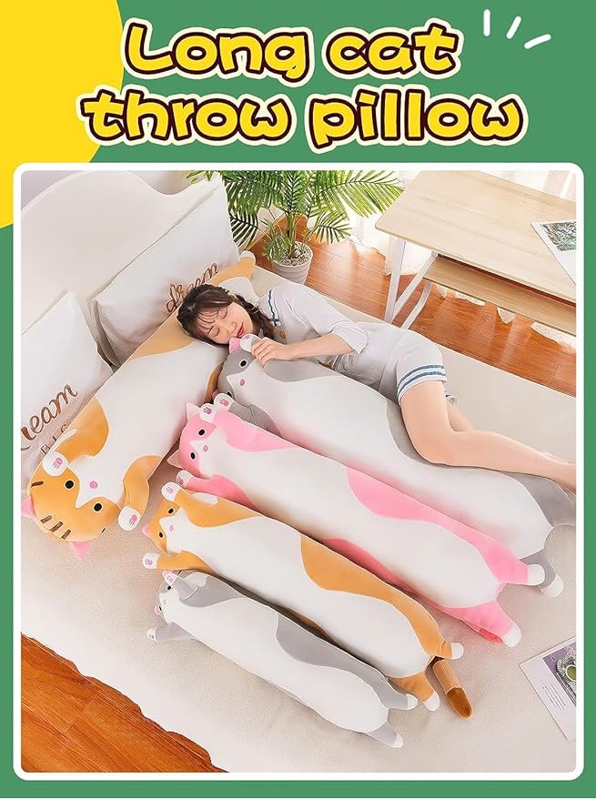 Long Cat Plush Pillow Soft Cat Body Pillow, Long Cat Stuffed Animal Cotton Kitten Sleeping Throw Pillow Gift for Kids Girlfriend(50CM,Grey)