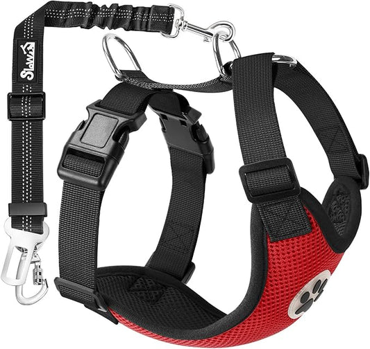 SlowTon Dog Seat Belt Harness for Car, Dog Car Harness Adjustable Mesh Breathable & Dog Seatbelt Safety Tether with Elastic Bungee for Small Medium Large Pets(Red, Double Clip, L)