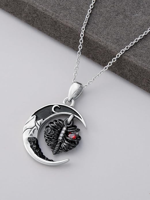 Gothic Jewelry Bat/Cat/Wolf/Dragon/Owl/Fox/Spider/Sun Pendant Sterling Silver Crescent Moon Necklace for Women Girls Black Jewelry Gifts