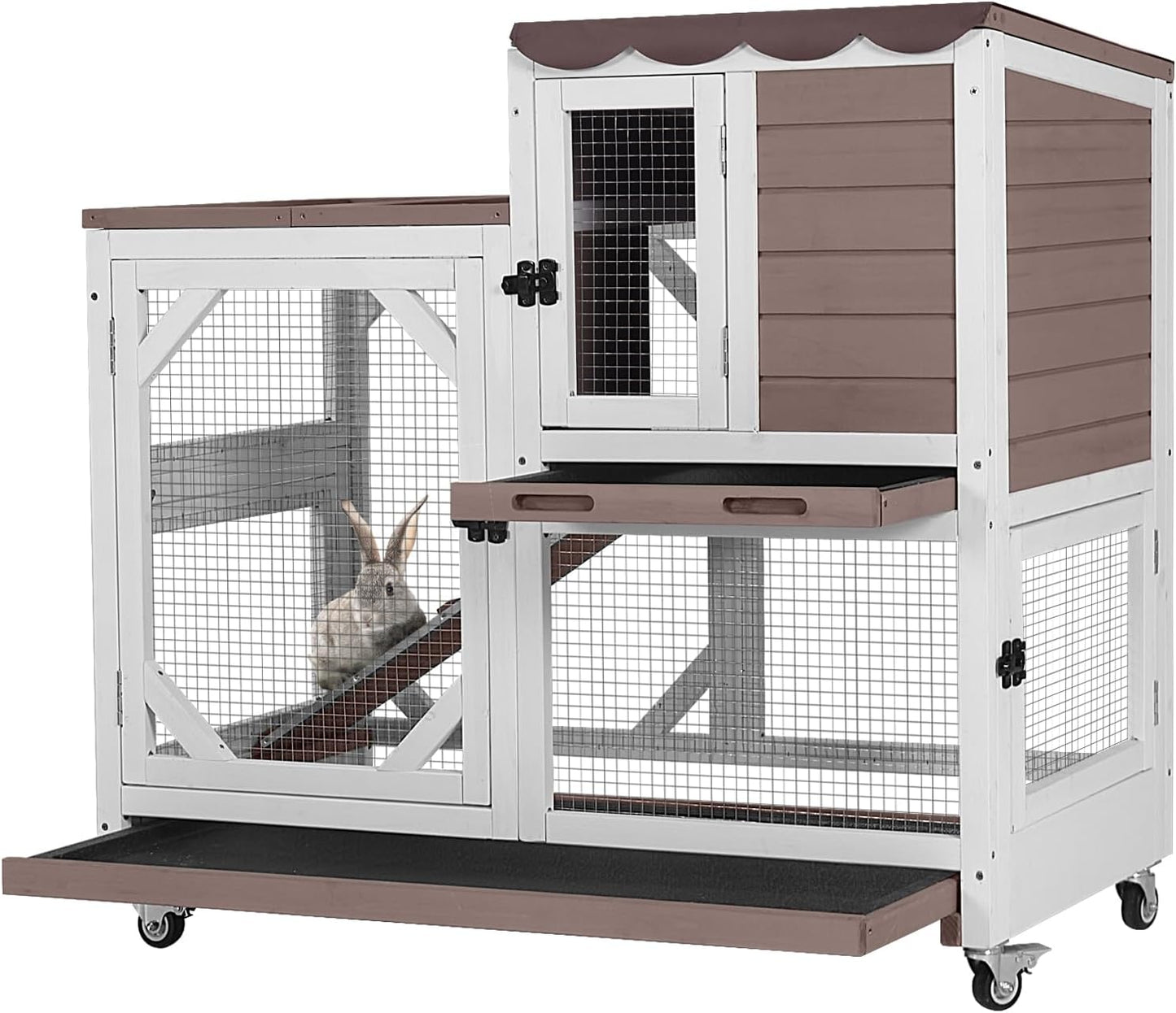 GUTINNEEN Rabbit Hutch Indoor Outdoor 2 Story Bunny House on Wheels Wood Rabbit Cage with 2 Pull Out Trays Guinea Pig Cage