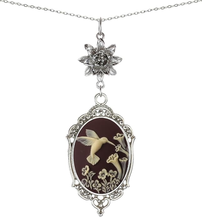 Yspace Lotus Charm Necklace Antique Decor Cameo Pendant 2 Chains Velvet Pouch for Gift