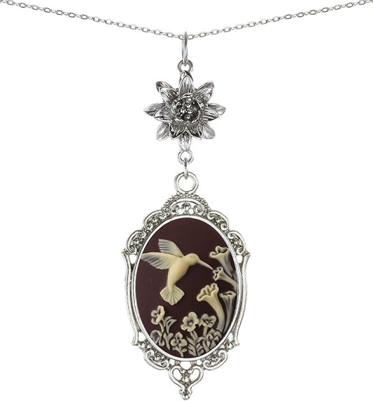 Yspace Lotus Charm Necklace Antique Decor Cameo Pendant 2 Chains Velvet Pouch for Gift