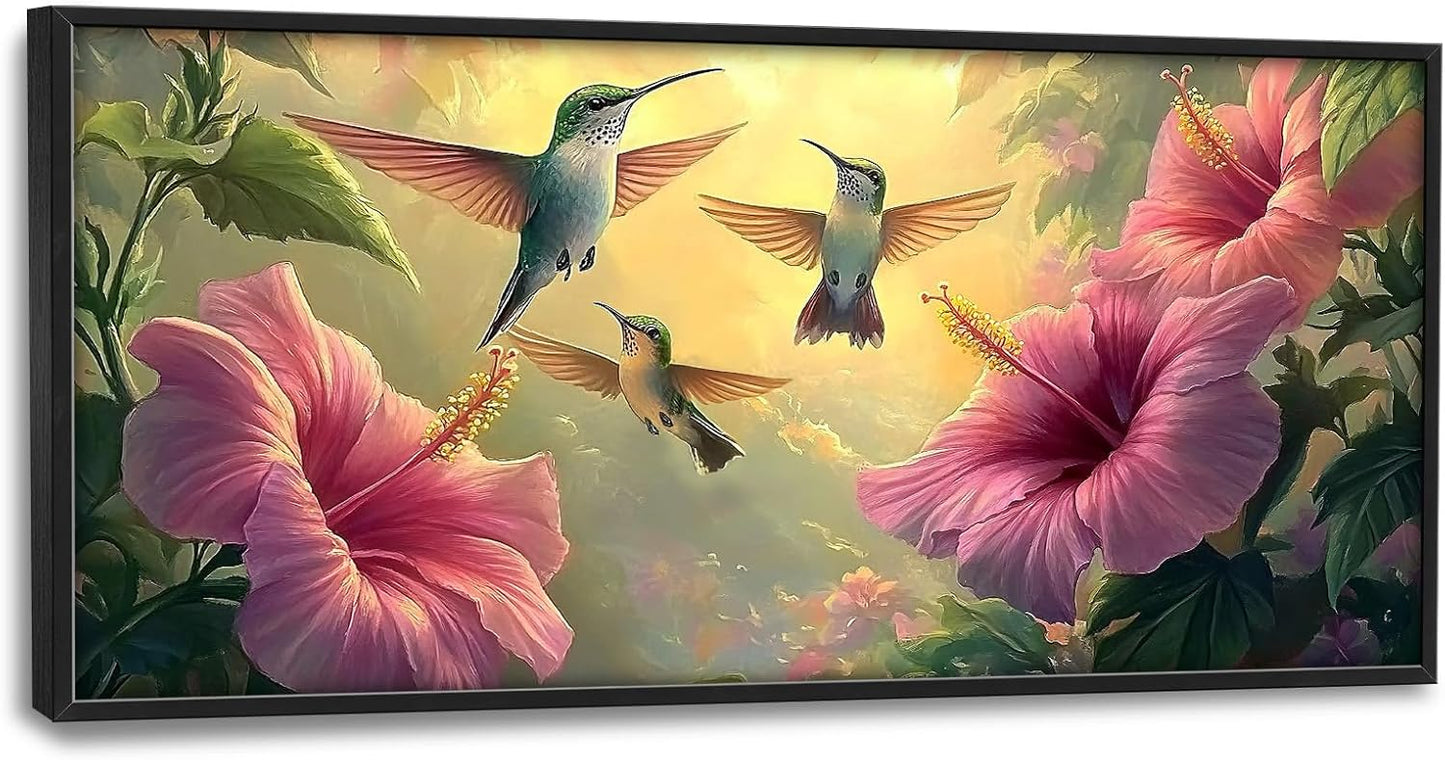 Framed Large Hummingbird Wall Art for Living Room, Oversized Rustic Bird Flower Wall Decor Floral Canvas Painting Nature Sunrise Pictures Modern Artwork for Bedroom Office Dinging Room 60"x30"