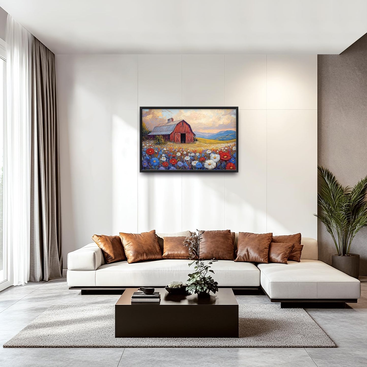 Large Farmhouse Barn Daisy Wall Art for Living Room, Floral Landscape Canvas Oversized Wall Decor, Flower Scenery Framed Pictures Painting Print Artwork for Bedroom Office 36"L x 24"W