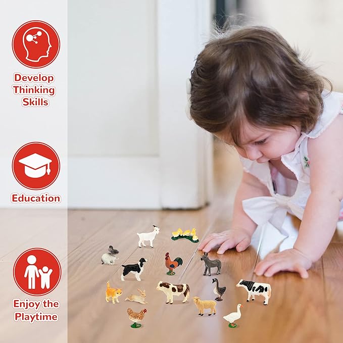 Toymany 14PCS 0.6-2.5" Tiny Farm Animal Figures Toy, Detailed Texture Farm Figurines Cake Topper, Easter Eggs Birthday Gift School Project for Kids Children Toddlers