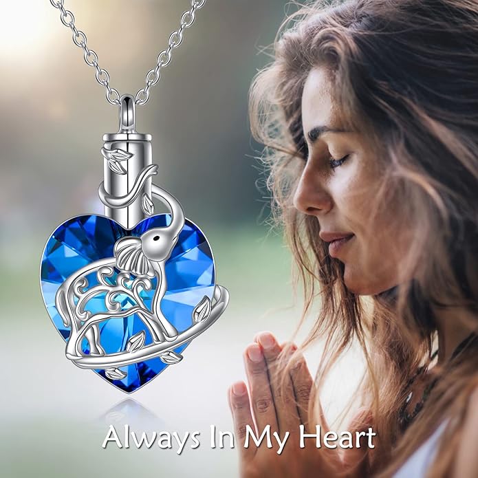 YFN Elephant Heart Crystal Urn Necklace for Ashes Cremation Jewelry Sterling Silver with Crystal Jewelry Gifts for Women