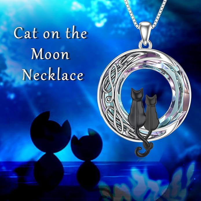 TOUPOP Cat Gifts for Cat Lovers 1 2 3 Cats Necklace Sterling Silver Cat on the Moon Pendant Necklace with Blue Circle Crystal Birthday Christmas Celtic Jewelry Gifts for Women