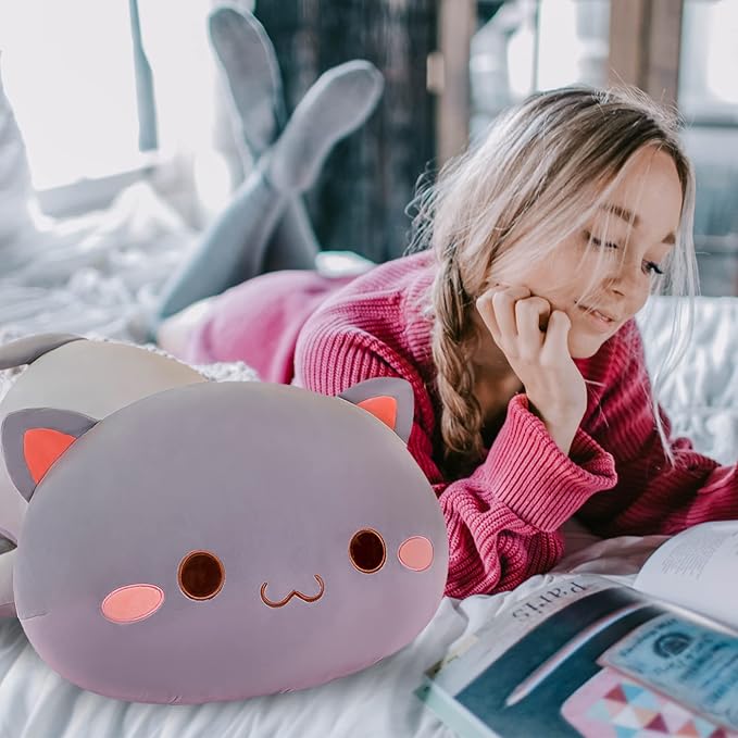 FUYU Cat Stuffed Animals, Soft Cat Plush Pillow Kawaii Kitten Stuffed Animal Toy Gifts for Kids Boys Girls Room Decor (Grey Round Eyes,15in/37cm)