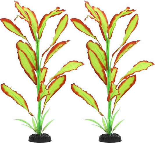 ALEGI Silk Aquarium Plants, 16 Inch Artificial Silk Plants Decorations for Fish Tank,Aquarium Décor Plastic Plants (Light Green with Red, 2 Pack)