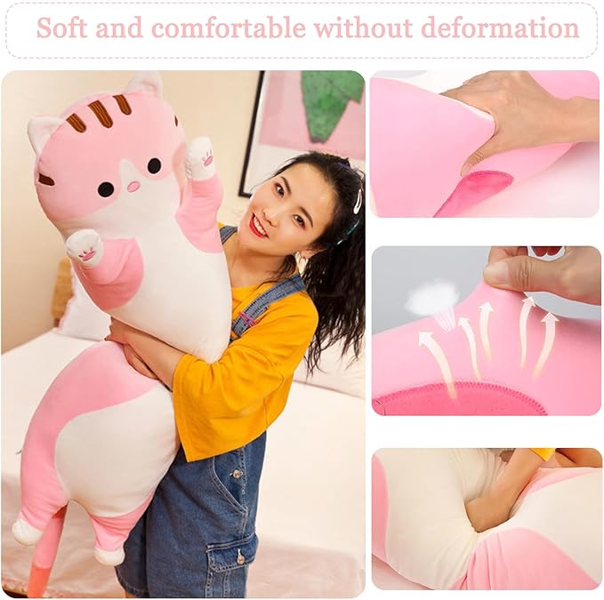 Long Cat Plush Pillow Soft Cat Hugging Pillow Stuffed Animal Pillow Cute Kitty Throw Pillow Gift for Boys Girls(150cm/59.05inch,Pink