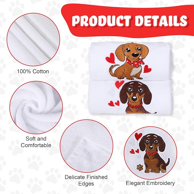 2 Pack Dog Hand Towels for Dog Lovers Gift Dachshund Kitchen Towels Bathroom 14 x 29 in 100% Cotton Embroidered White Christmas Bath Set with Hearts Funny Holiday Dish Tea Decor